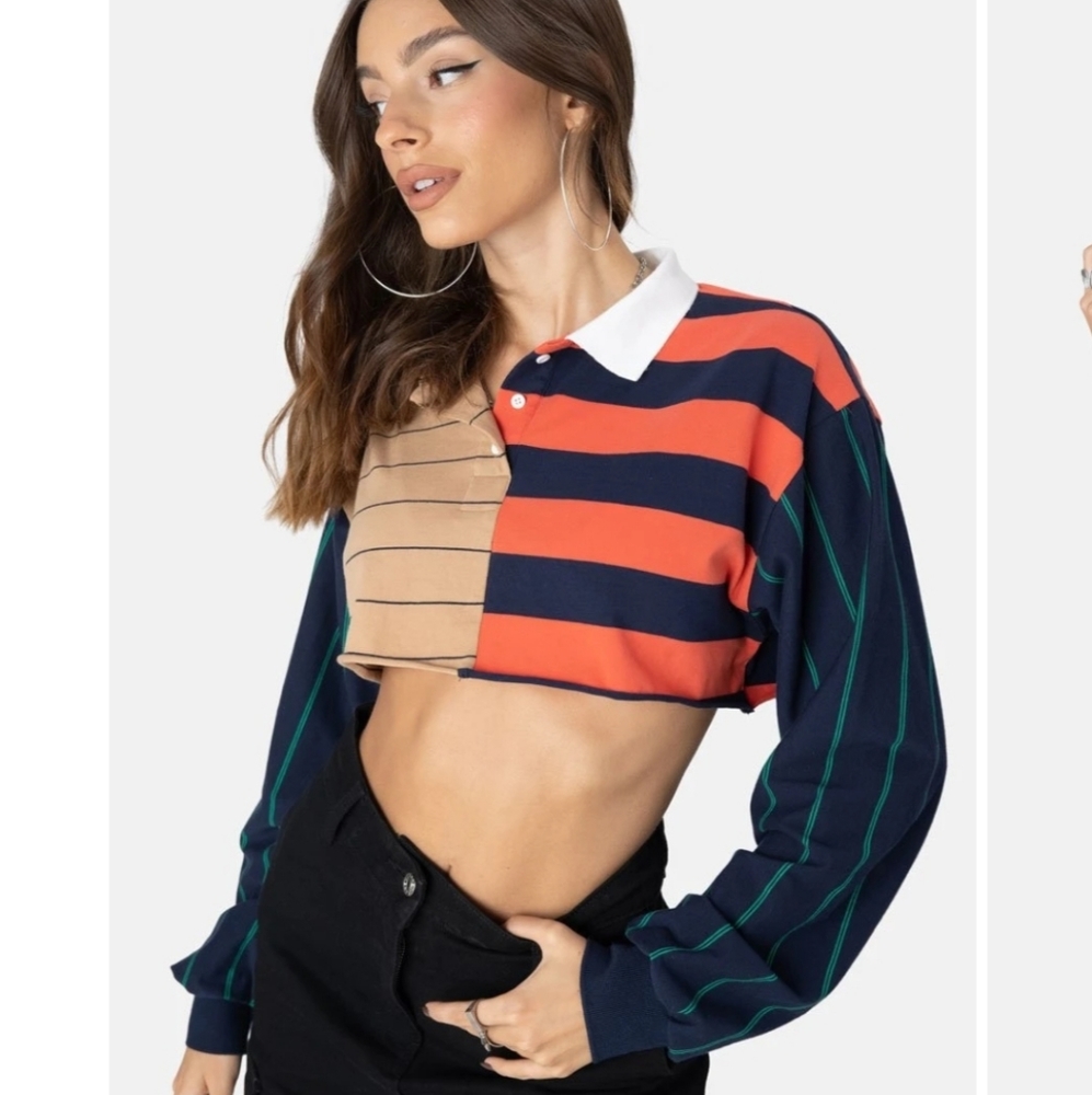 Mixed pattern crop polo shirt